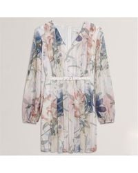 Ted Baker - Floral Pleated Long Sleeve Mini Dress - Lyst