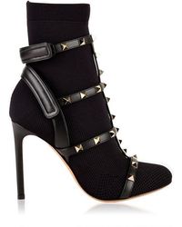 Valentino Rockstud Knit Multi-strap Ankle Boots - Black