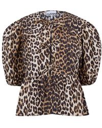 Ganni - Cotton Poplin Peplum Tie Blouse - Lyst