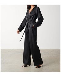Pretty Lavish - Carmen Collared Satin Long-Sleeve Jumpsuit - Lyst