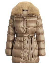 Ralph Lauren - Faux Shearling Trim Belted Wind Resistant Duck Down Short Puffer Jacket - Lyst