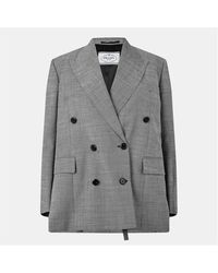 Prada - Double Breasted Grisaille Wool Long Sleeve Blazer - Lyst