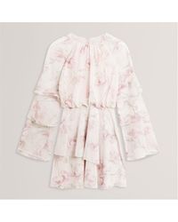 Ted Baker - Rose Print Frilled Long Sleeve Mini Dress - Lyst