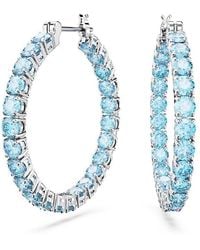 Swarovski - Matrix Hoop Earrings With Princess Cut Blue Crystals On Rhodium Finished Setting - Lyst