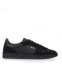 BOSS - Foil Print Branding Leather-Suede Trainers - Lyst
