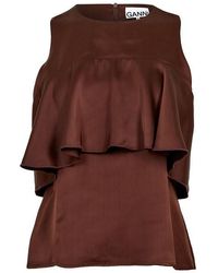 Ganni - Satin Ruffle Short Sleeve Blouse - Lyst