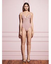 Fleur du Mal Velvet Lily Embroidery V-neck Plunge Bodysuit - Pink
