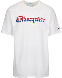 red and blue champion shirt