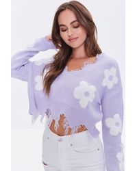 Forever 21 Floral Frayed Sharkbite Sweater - Purple