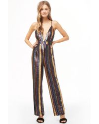 Forever 21 Plunging Sequin Jumpsuit , Blue/gold