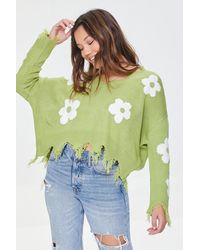Forever 21 Floral Frayed Sharkbite Sweater - Green