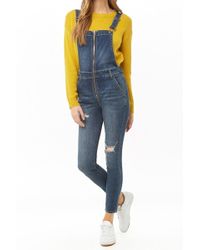 Forever 21 Women's Distressed Skinny Denim Overalls - Blue