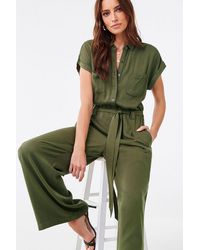 Forever 21 Cuffed-sleeve Wide Leg Jumpsuit , Olive - Green
