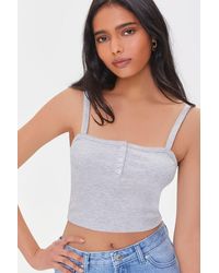Forever 21 Women Ribbed Half-button Crop Top - Gray