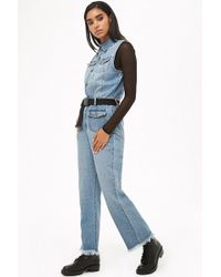 Forever 21 Sleeveless Frayed-hem Denim Jumpsuit , Denim - Blue