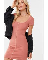 Forever 21 Ribbed Snap-button Mini Dress , Rose - Pink