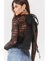 Forever 21 Sheer Floral Lace Pussycat Bow Top , Black