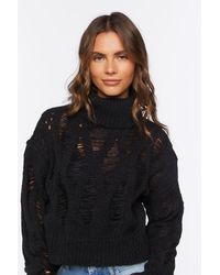 Forever 21 Women Distressed Turtleneck Sweater - Black