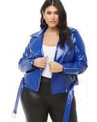 Forever 21 Women's Plus Size Faux Patent Leather Moto Jacket - Blue