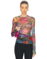 Area - Crystal Embellished Printed Tulle Long Sleeve Top - Lyst