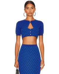 Versace Synthetic Cut-out Short Cardigan La Greca in Blue Womens Clothing Tops Short-sleeve tops 
