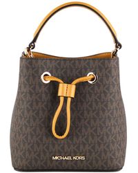 Michael Kors Suri Small Leather Bucket Crossbody Drawstring Hobo Handbag (marigold/brown Signature) - Black