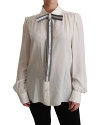 Dolce & Gabbana Light Gray Ascot Collar Shirt Silk Blouse Top Womens Clothing Tops Blouses 