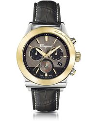 Ferragamo Ferragamo 1898 Herren-Chronograph aus Edelstahl und Gold IP mit krokogeprägtem Armband - Mettallic