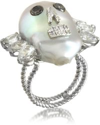 Bernard Delettrez Pearl Skull 18k White Gold Ring W/diamonds And White Sapphires