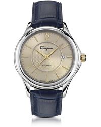 Ferragamo Ferragamo Time Orologio da Uomo in Acciaio Silver-Tone e Cinturino in Pelle Blu
