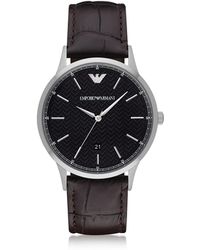 Emporio Armani Black Dial Stainless Steel Men's Watch w/Leather Strap - Schwarz