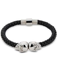 Northskull Brazalete de Cuero con Cráneos de Rodio - Negro