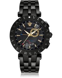 Versace V-Race GMT Orologio da Uomo in Acciaio Nero e Quadrante Nero e Oro