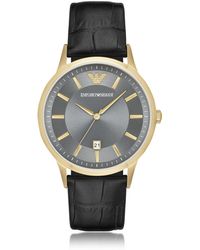 Emporio Armani PVD Herren-Quartz-Armbanduhr aus goldfarbenem Edelstahl mit Lederarmband mit Krokoprägung - Mettallic