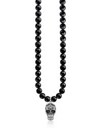 Thomas Sabo Blackened 925 Sterling Silver & Obsidian Beads Power Necklace Maori Skull Necklace w/Zirconia Pave - Negro