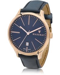 Maserati Attrazione Herrenuhr aus Edelstahl in gold mit Lederriemen in navyblau - Mettallic