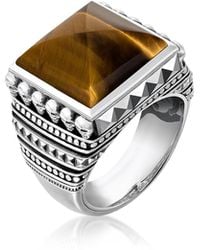 Thomas Sabo Blackened 925 Sterling Silver Skulls Brown Tiger Eye Ring - Mettallic