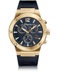 Ferragamo F-80 Gold IP Herren-Chronograph aus Edelstahl mit krokogeprägtem Armband in schwarz - Blau