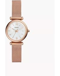Fossil - Carlie Mini Quartz Stainless Steel Mesh Three-hand Rose Gold Watch - Lyst
