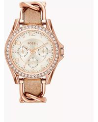Fossil - Riley Rose Gold-tone Chain And Bone Leather Strap Watch 38mm Es3466 - Lyst