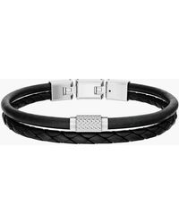 Fossil - Machine Knurled Texture Black Leather Multi-strand Bracelet - Lyst