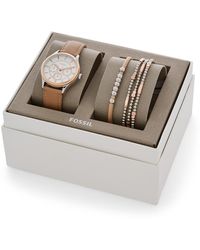 Fossil Modern Sophisticate Multifunction Tan Leather Watch And Jewellery Gift Set Jewellery - Multicolour