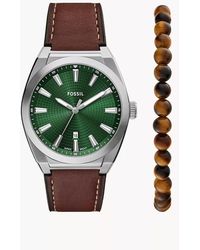 Fossil - Everett 42 Mm Three-hand Date Brown Leather Watch And Bracelet Set - Lyst