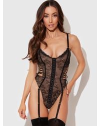 Frederick's of Hollywood - Luella Hook & Eye Front Strappy Lace Teddy - Lyst