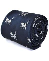 Frederick Thomas Ties Navy Tie With Black And White Cat Design - Blue