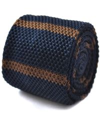 Frederick Thomas Ties Navy Blue And Brown Striped Skinny Knitted Tie