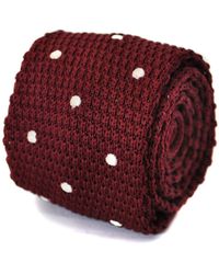 Frederick Thomas Ties Knitted Dark Red Maroon Tie With White Polka Dots
