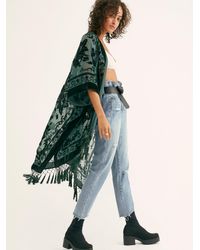 Free People Denim Riviera Tile Print Kimono in Olive Combo Womens Clothing Jumpers and knitwear Ponchos and poncho dresses Green 