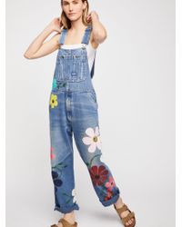 Free People Rialto Jean Project Floral Painted Overalls - Blue