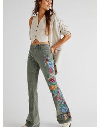 Free People Driftwood Farrah Embroidered Cord Flare Jeans - Green